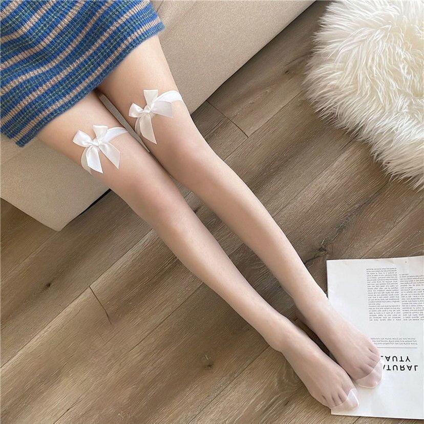 Damen Schwarze Netzstrümpfe mit Schleife und Spitze Überknie - Dünn, Sexy und Schlankmachend