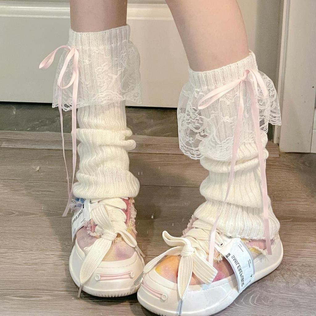 Japanese Lace Bow Knot Leg Warmers, Autumn/Winter Mid-Calf Socks, Academy Style