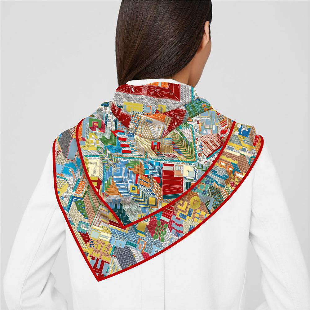 90cm Silk Scarf Van Building Printed Square Scarf Head Echarpes Silk Foulards Femme Wraps Beach Shawls Bandana Lady Hijabs