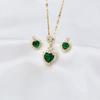 Korean Green Heart Necklace and Earrings Set - Green Zircon with Titanium Steel Clavicle Chain