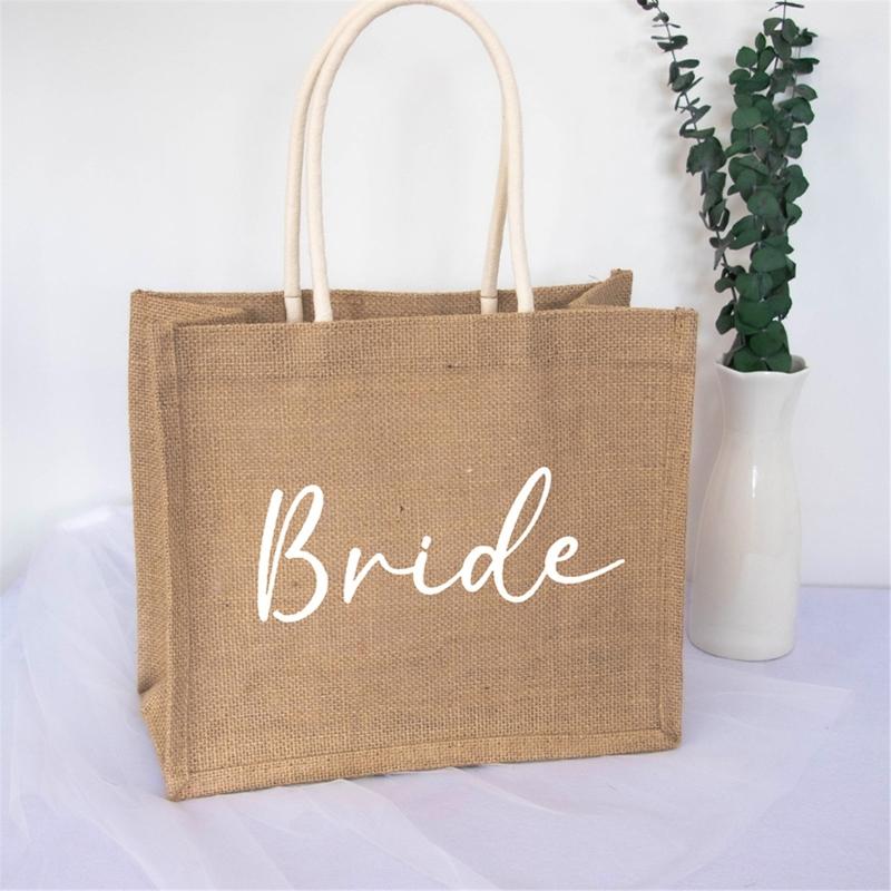 Burlap Hand Bag For Weddings Breathable Natural Fabric Large Capacity Reusable Bridal Party Gift Bag With Wide Handles