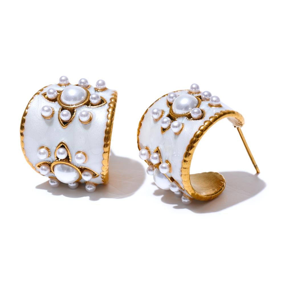 Yhpup Exquisite Imitation Pearls White Enamel Metal Stainless Steel Flower Geometric Earrings Chic Daily Fashion Jewelry New
