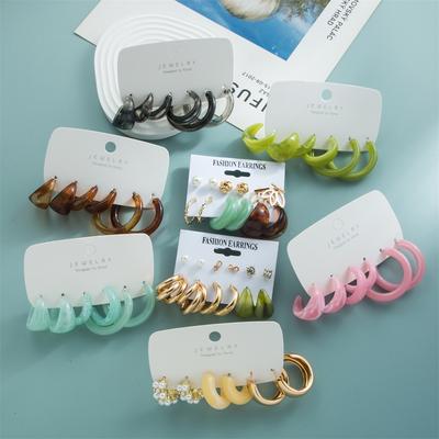 Retro Temperament Pearl Resin Card Earring Set, Geometric Earrings, Gentle and Fashionable Simple Earrings