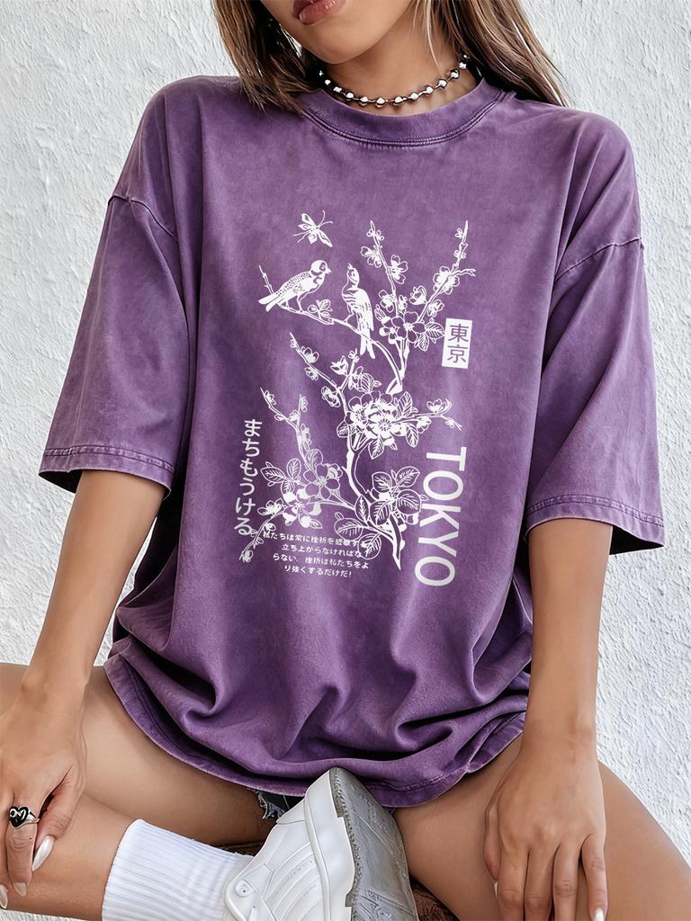 Tokyo Flowers And Birds Cotton Washed TShirts Womens Summer Oversized T Shirt ONeck Short Sleeve Tops Casual Women Clothes