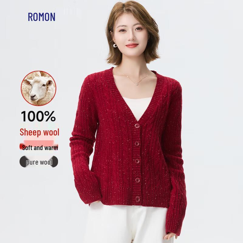Romon Women's 100% Merino Wool V-Neck Cardigan