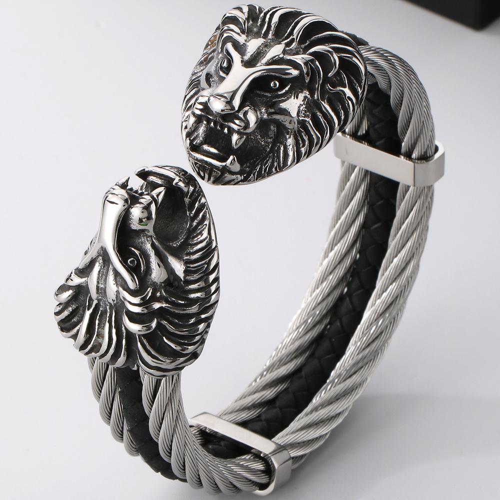 

Крутой эластичный браслет-манжета с двойной мордой льва для мужчин из нержавеющей стали и кожи, 12 мм, цепочка для мужчин 65MM(Elastic) серебряный