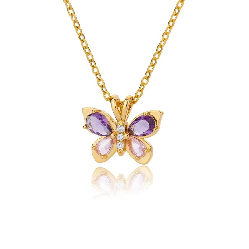 Pink zircon butterfly necklace female versatile high sense light luxury temperament titanium steel amethyst collarbone chain