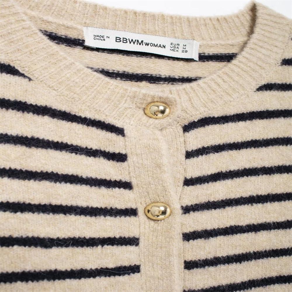 2024 Autumn Striped Print Long-Sleeve Knit Cardigan for Women