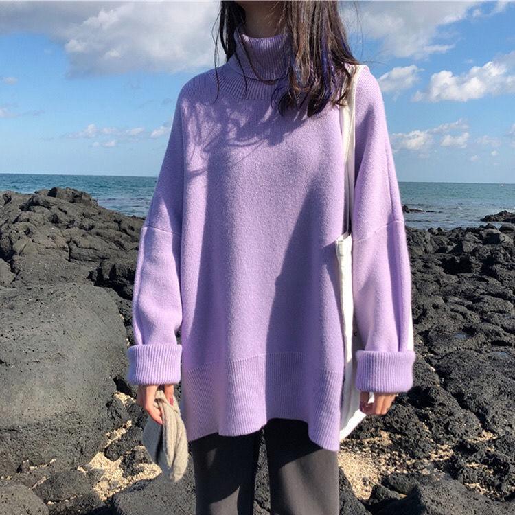 

Свитер с воротником-водолазкой, женский весенне-осенний однотонный вязаный пуловер большого размера, базовый черный, синий, белый джемпер pull femme XL фиолетовый