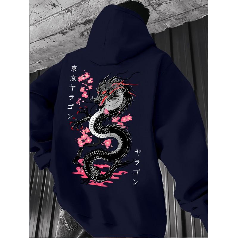 Black Dragon Cherry Blossom Print Hoodie Loose Drop Shoulder Unisex Pullover Sweatshirt Couples Winter Casual Wear