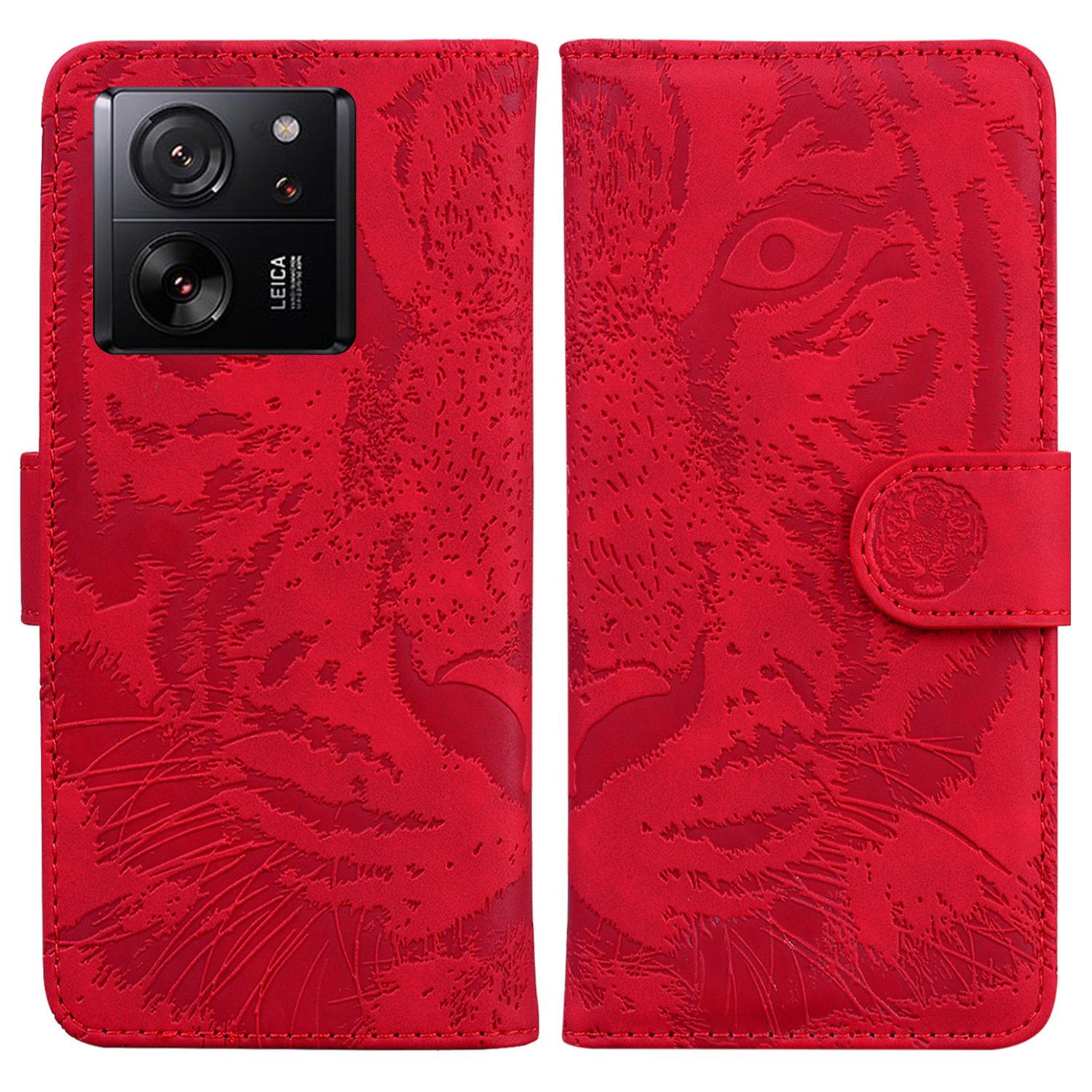 

For Xiaomi Redmi K60 Ultra/13T/13T Pro Case Tiger Imprint PU Leather Phone Cover Red