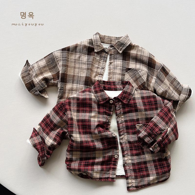Kids Unisex Fleece Plaid Long Sleeve Shirt Korean Vintage Style Children Shirt