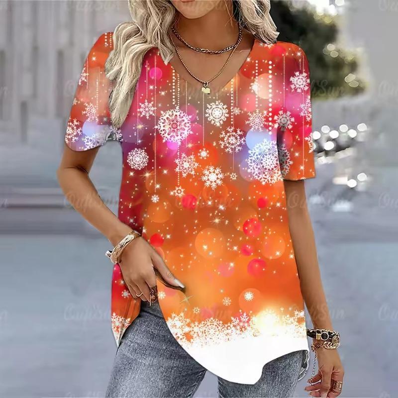 Weihnachtsthema 3D-Druck Damen T-Shirts Kurzarm Tees Fröhlich Lustig Mode Damenbekleidung V-Ausschnitt Übergroße Pullover T-Shirts