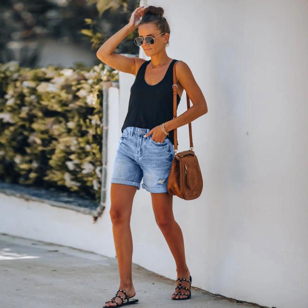 Short Jeans Women Vintage Hole Shorts Washed Distressed Pockets High Waist Streetwear 2025 Female Summer Denims Straight Pants