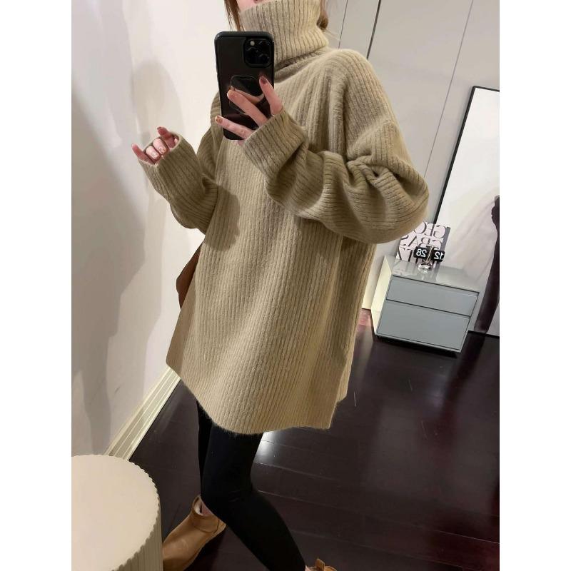 

Khaki turtleneck lazy sweater women s autumn and winter new design sense split fork medium and long bottom top One Size верблюд