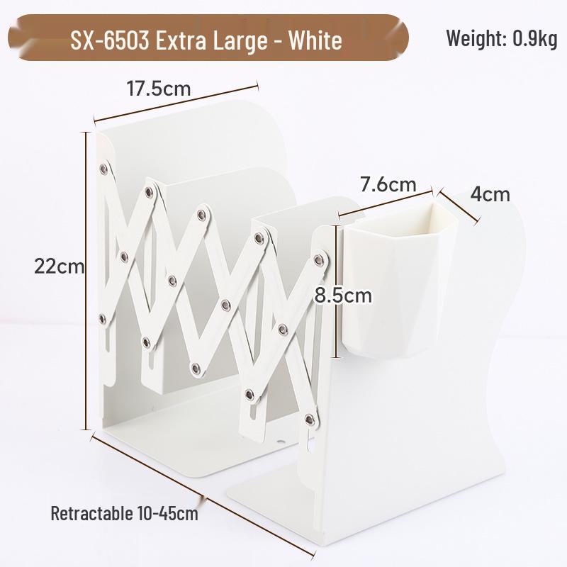 Metal Foldable Book Stand & Pen Holder: Large Desktop Bookend Storage Rack