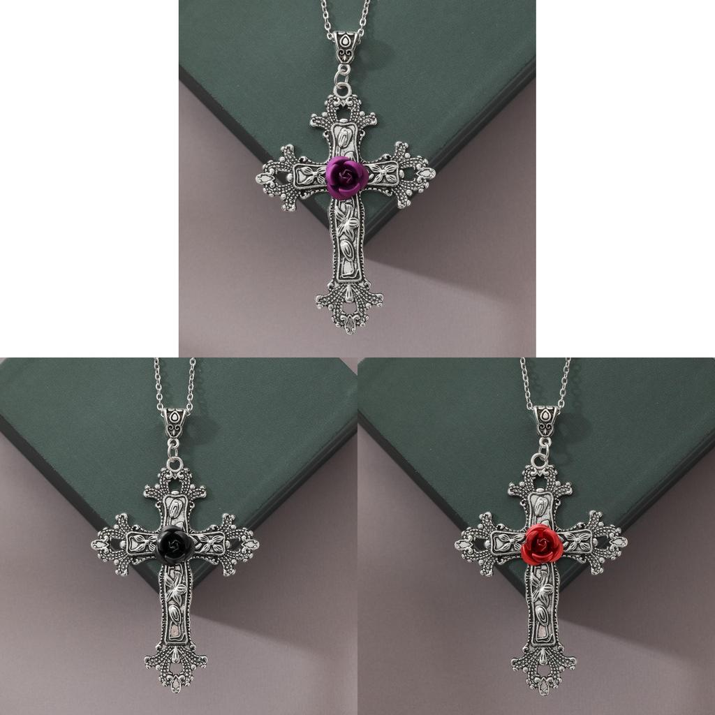 Gothic Rose Cross Pendant Necklace With Alloy Lockbone Chain For Women