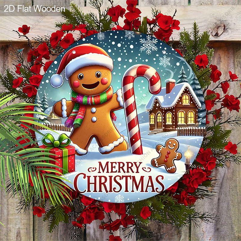Merry Christmas Gingerbread Man Round Wooden Hanging Sign, 2D Flat Printed Christmas Door Wall Ornament, Winter Xmas Home Decor Gift