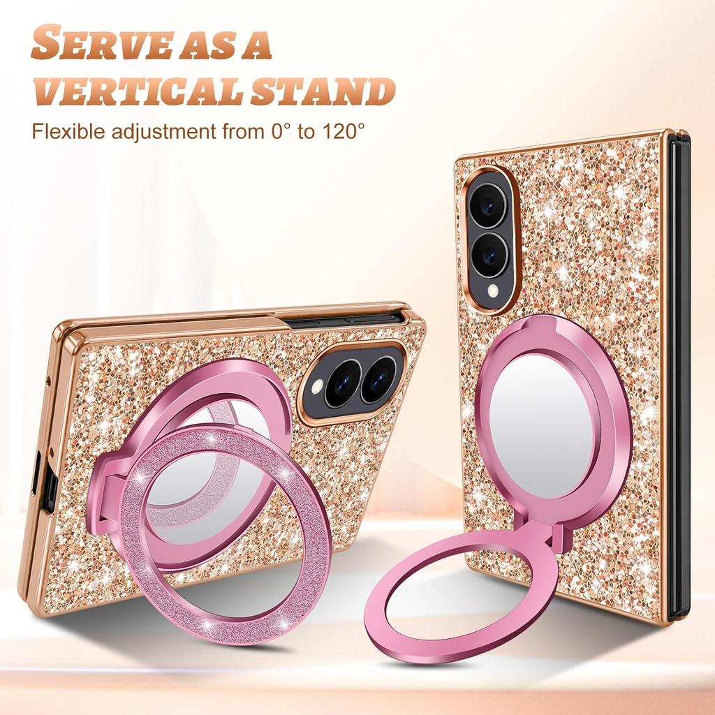 Luxury Bling Glitter Magnetic Stand Holder Bracket Case for Samsung Galaxy Z Fold 8 Ultra Fold8 Plating Mirror Bracket PC Cover