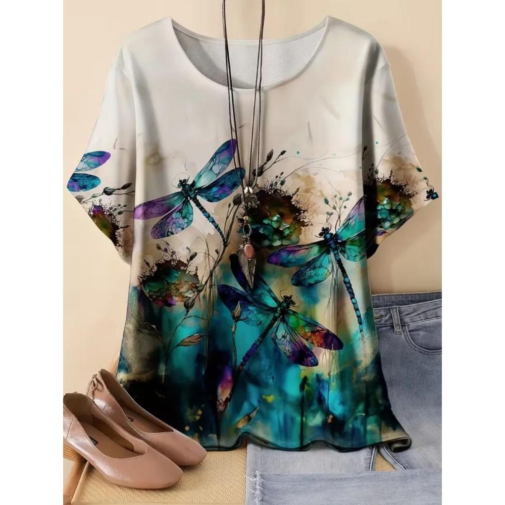 Beautiful Retro Colorful Butterfly Flowers 3D Printed Short Sleeved T-shirt Fashionable Comfortable Soft Breathable Large Loose Summer Womens T-shirt