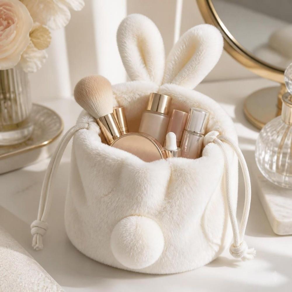 Fluffy Style Bunny Plush Pouch Large Capacity Rabbit Ear Bag Cosmetic Storage