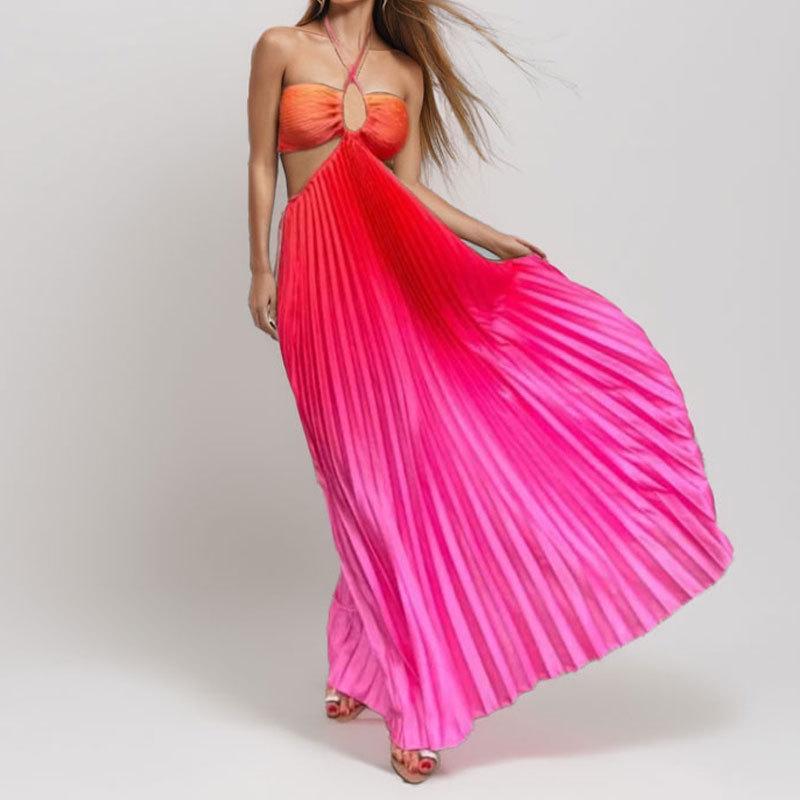 Spring 2026 Women's Gradient Halter Neck Dress - Elegant European and American Style with Sexy Hollow Out Design