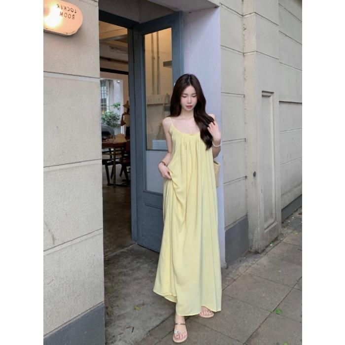 [Practice] Seaside Holiday Wind Yellow Suspender Dress Female Summer Loose Leisure Beach Dress Fairy