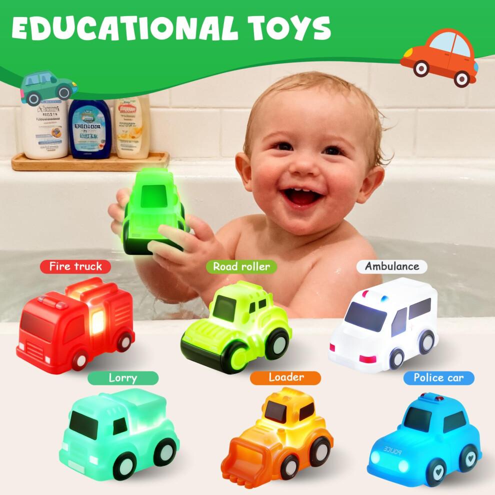 JoiTale Baby Bath Toys, 6 Pack Cars Light Up Bath Toys, No Hole No Mould Bathtub Toy for 1 2 3 Year Olds, Flashing LED Sensory Toy for Toddlers, Bath