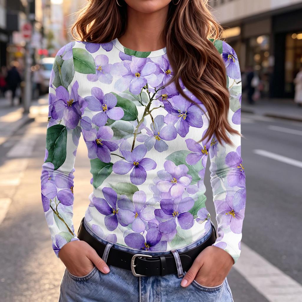 Maglietta da Donna Casual Slim Fit con Stampa Floreale a Manica Lunga e Girocollo per l'Uso Quotidiano