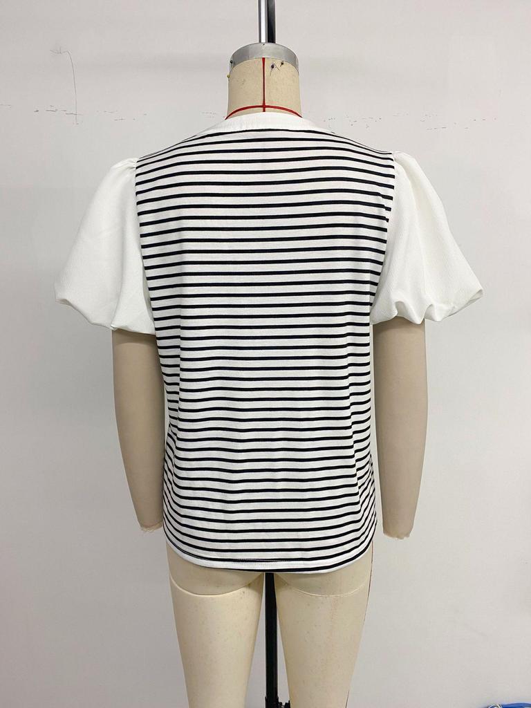 Baifenzhiyi 2026 Women's Striped Patchwork V-neck Puff Sleeve Casual T-shirt