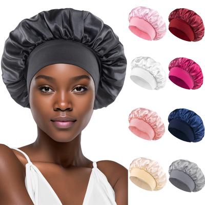 Women's Wide-brimmed Night Sleep Hair Caps Silky Bonnet Nightcap Elastic Headband Satin Head Cover Hat Shower Cap for Curly Hair