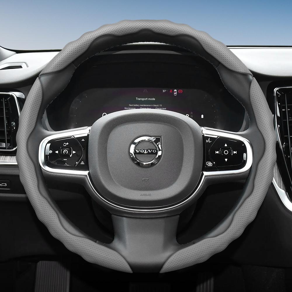 Steering Wheel Cover for Volvo, Wave-Shaped Sporty Design, Breathable Leather, Segmented, Non-Slip, Sweat-Absorb