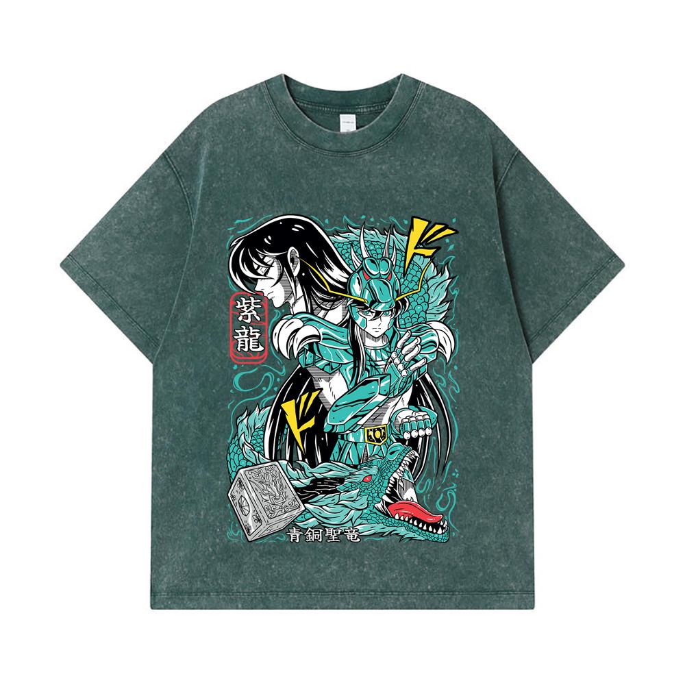 275 GSM Washed T-shirts 100% Cotton Saint Seiya V8 Shiryu Print Unisex Heavy Cotton T Shirt