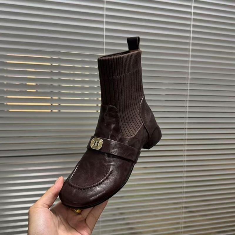 Weiche Lederschuhe, Dicksohliger Mittelabsatz, Neue Runde Zehenpartie, Strick-Elastische Sockenstiefel mit dickem Absatz für Damen