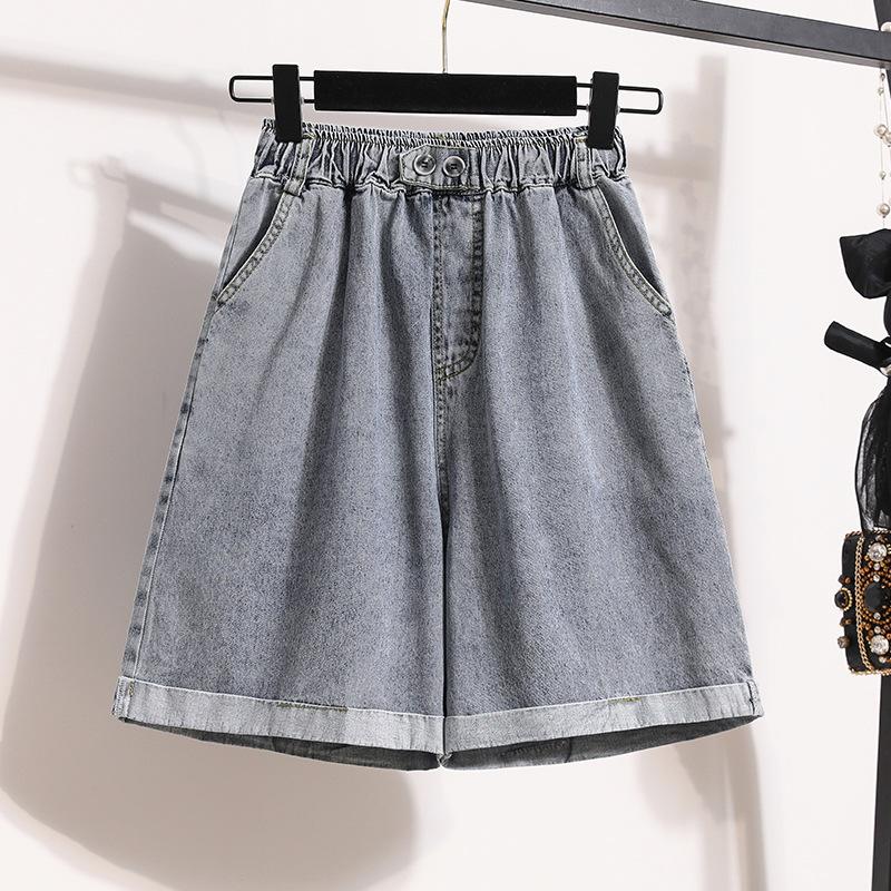 

Женские свободные брюки с пятью точками большого размера, облегающие джинсы с высокой талией, широкие брюки, потертые гофрированные джинсы S светло-синий