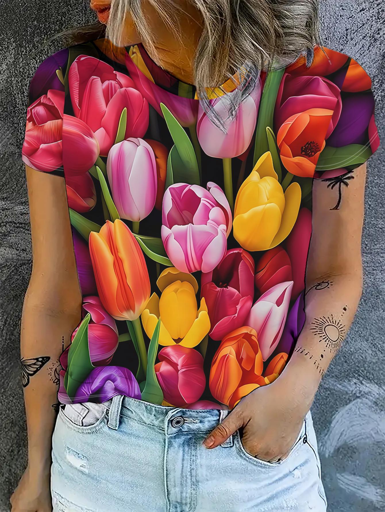 

Women S Short-Sleeve T-Shirt. Printed with Colorful Tulips. Vibrant And Rich in Color L дубильная кора