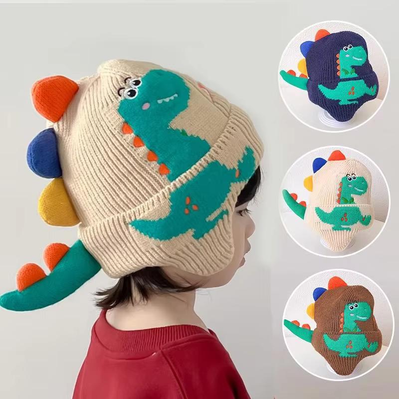 Baby Winter Hat Cartoon Dinosaur Warm Knitted Beanie Earmuffs Cap Kids Boys Girls Outdoor Ear Protection Cap