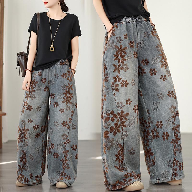 DIMANAF 2026 Summer New Plus Size Women Jeans Vintage Floral Elastic Waist Long Pants Loose Casual Denim Cotton Trousers Pants