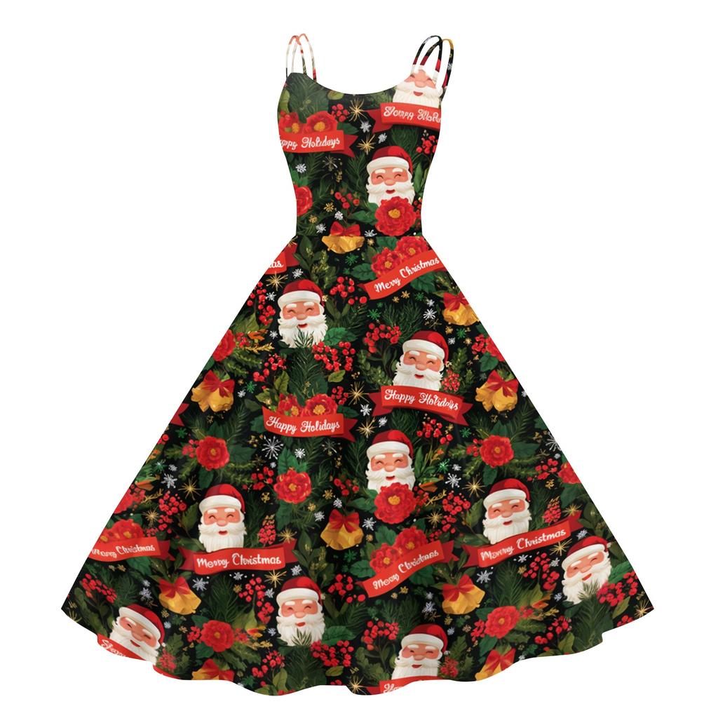 Women's Christmas Print Off-the-Shoulder Vintage Dress for Holiday Party and Clubwear
