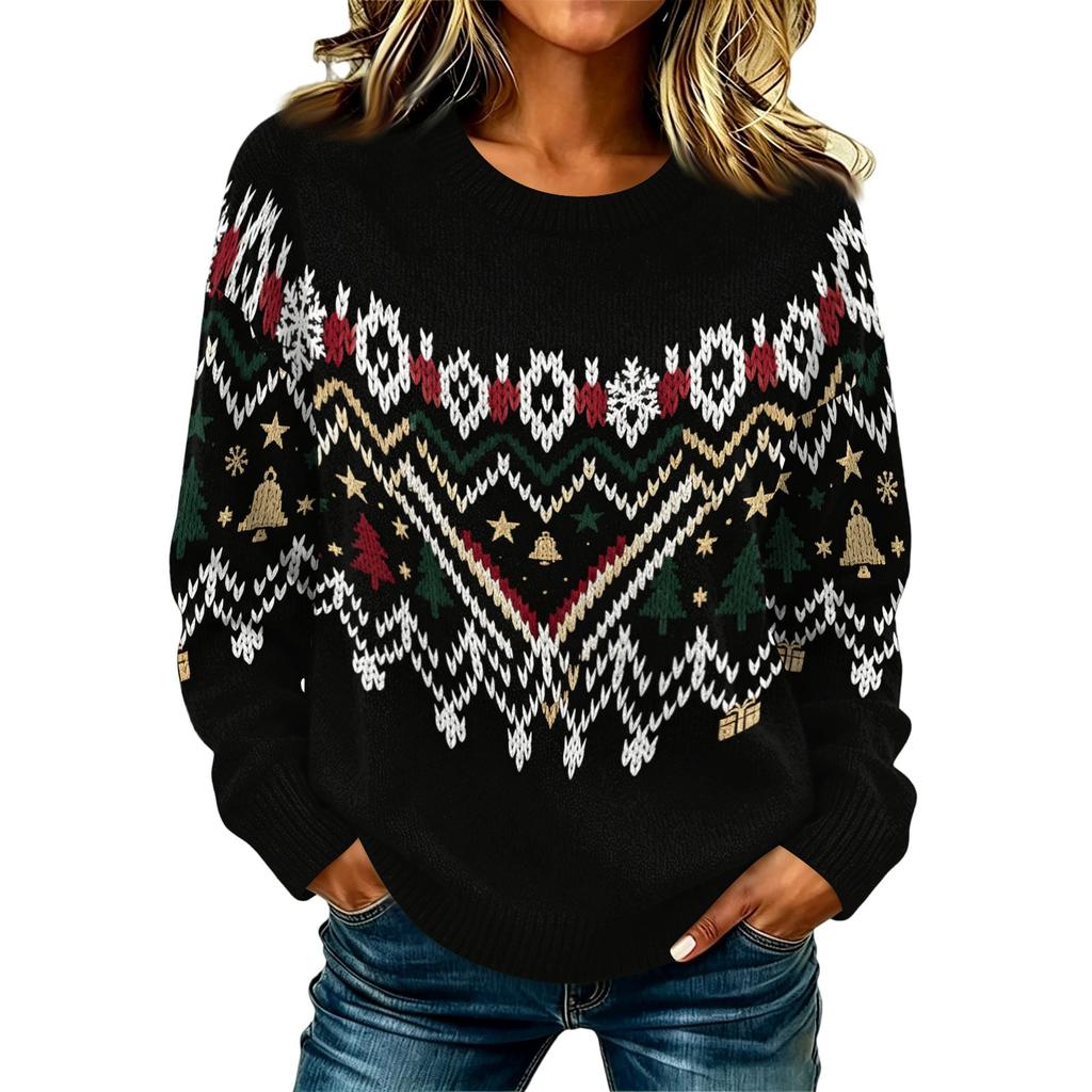Women's Stylish Casual Long Sleeve Neck Knit Pullover Sweater with Christmas Print