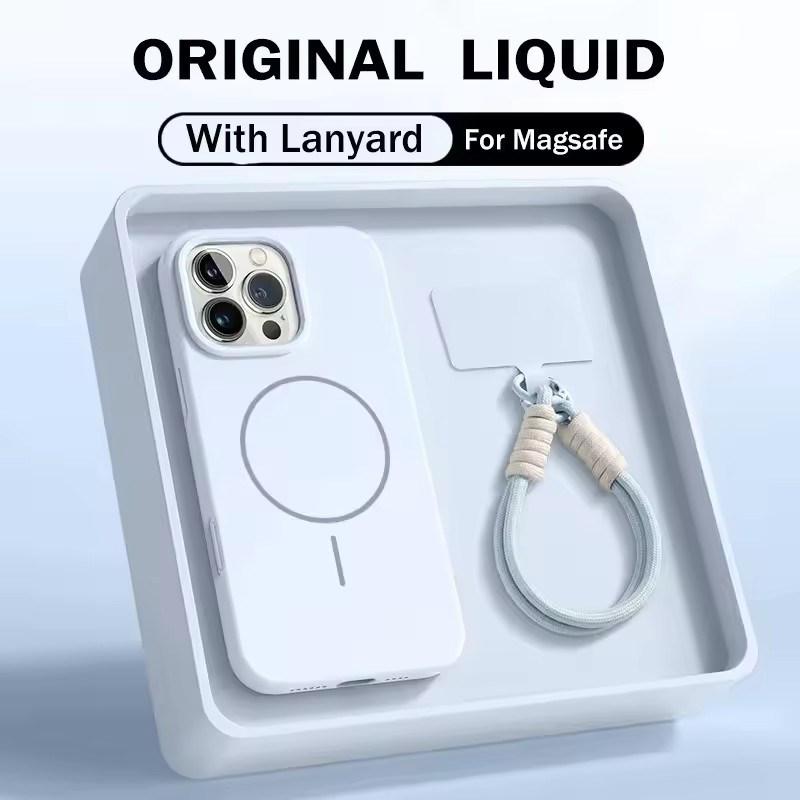 Liquid Silicone Wrist Strap Magnetic Case for iPhone 17 16 15 14 13 12 Pro Max Plus Candy Color Lanyard Shockproof Soft Cover