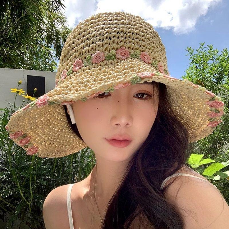 Summer Woven Grass Hat for Women Beach Vacation Small Flower Sun Fisherman Grass Hat