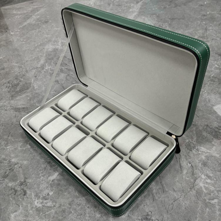 Portable Black and Blue-Gray Leather Zipper Watch Box with 6, 10, or 12 Slots - Flip-Top Jewelry Storage