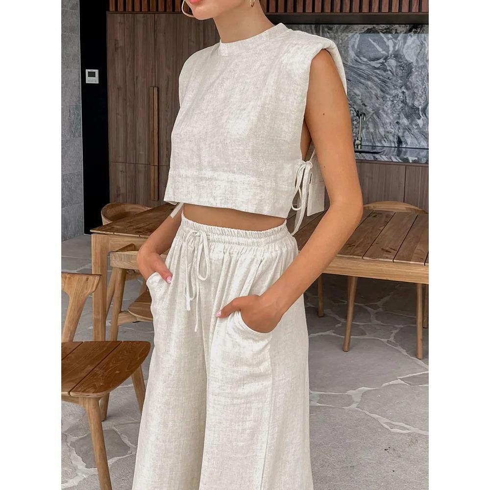 

Women Holiday Linen Pant Set Crop Tops Solid Outfits Two Piece Matching Set For Women XS помаранчевий