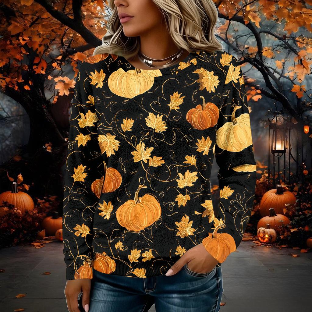 Women's Flannel Long Sleeve Top with Halloween Print Neck Pullover Shirt