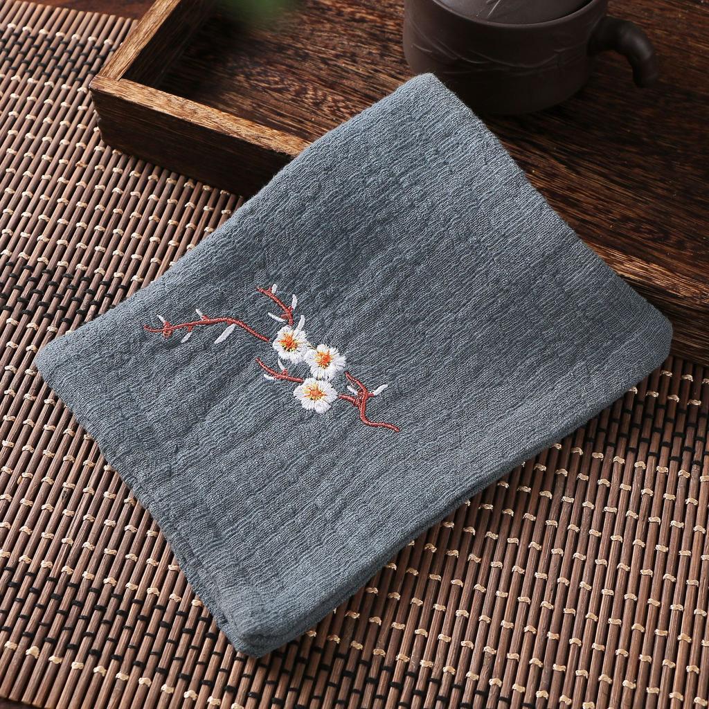 Cotton Linen Chinese Style Zen Tea Towel Absorbent Thickened Rag Flower Embroidery Tea Towel Tea Coaster Accessories