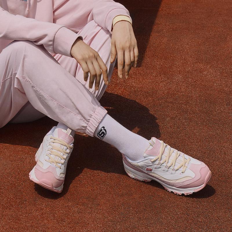 Skechers DLites 1.0 Fabric Synthetic Leather Milk Tea Bear Peach Women Sneakers White Pink 149906-PKYL