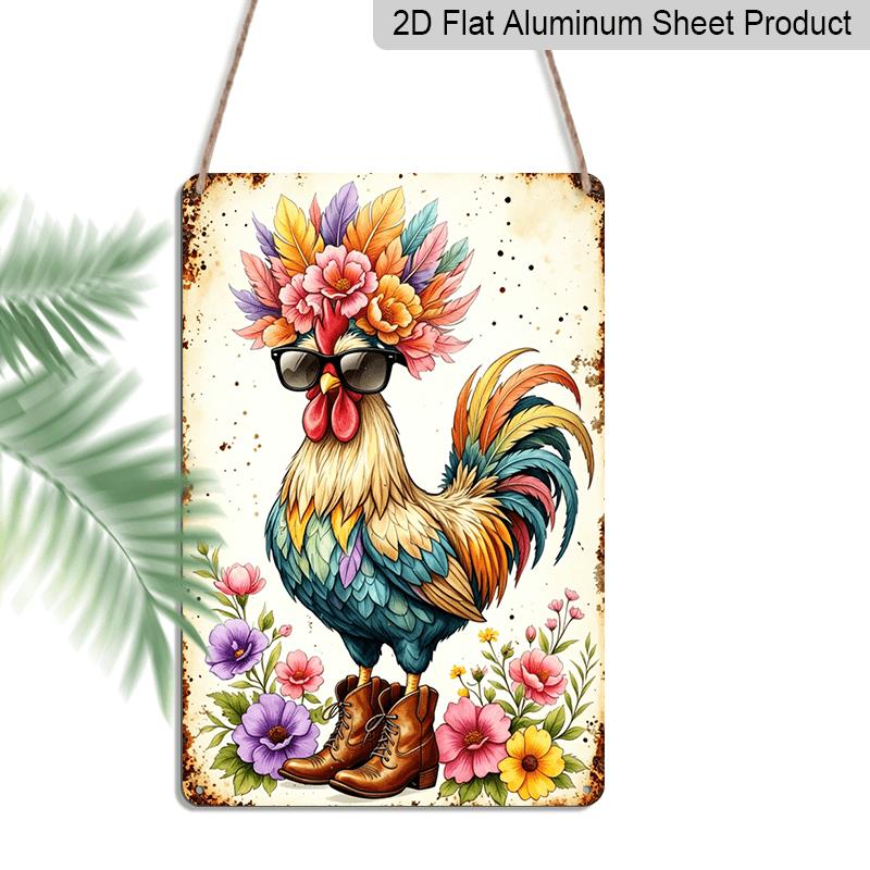 2D Flat - Cool Rooster with Sunglasses & Flowers Metal Sign - Funny Farmhouse Decor Durable Aluminum Material 8*12 Inches Farmhouse Kitchen Wall
