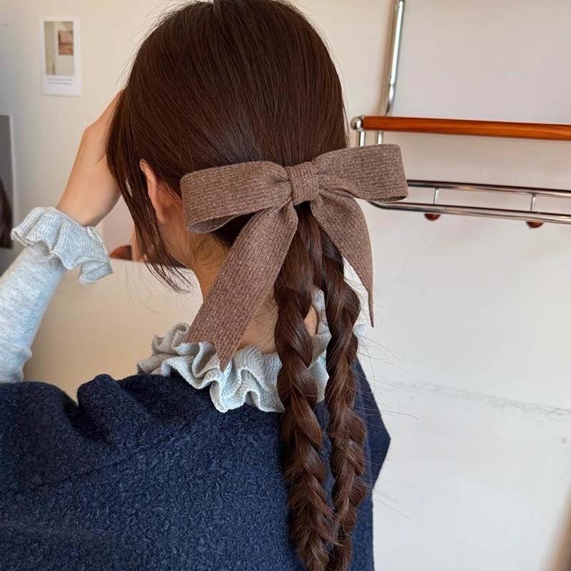 Korean Solid Color Large Pink Bow Hairpins for Women Girl Vintage Knitted Bowknot Ribbon Duckbill Clamp Clip Hair Accessories