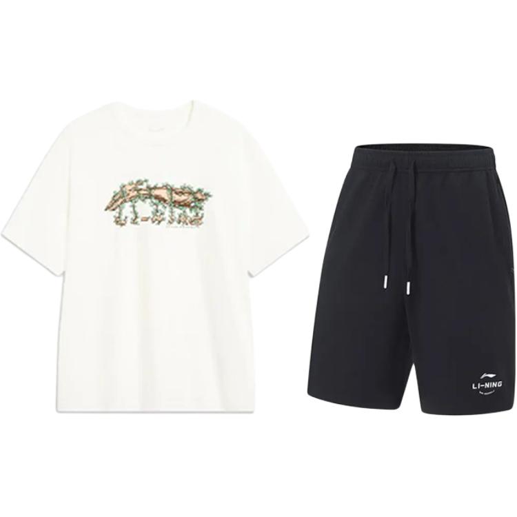 Li Ning Tengman Logo Printed Round Neck Pullover Short Sleeve T-Shirt Fashion Versatile Trendy Shorts Casual Sports Set AHSU973-1+AKST543-3